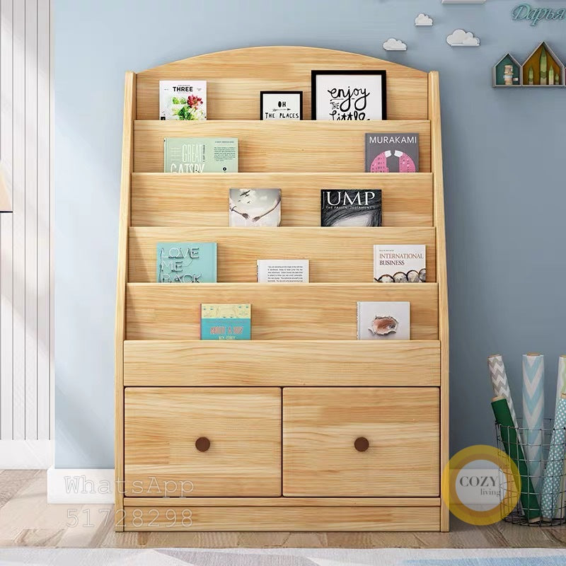Solid wood bookshelf with drawers