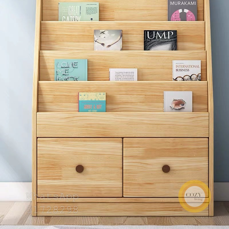 Solid wood bookshelf with drawers