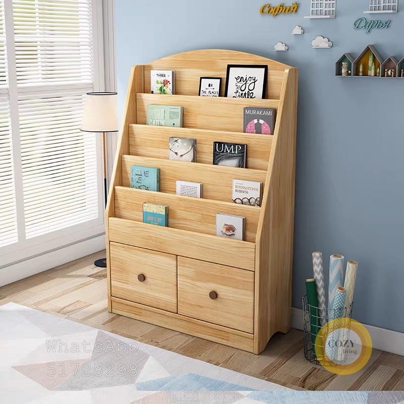 Solid wood bookshelf with drawers