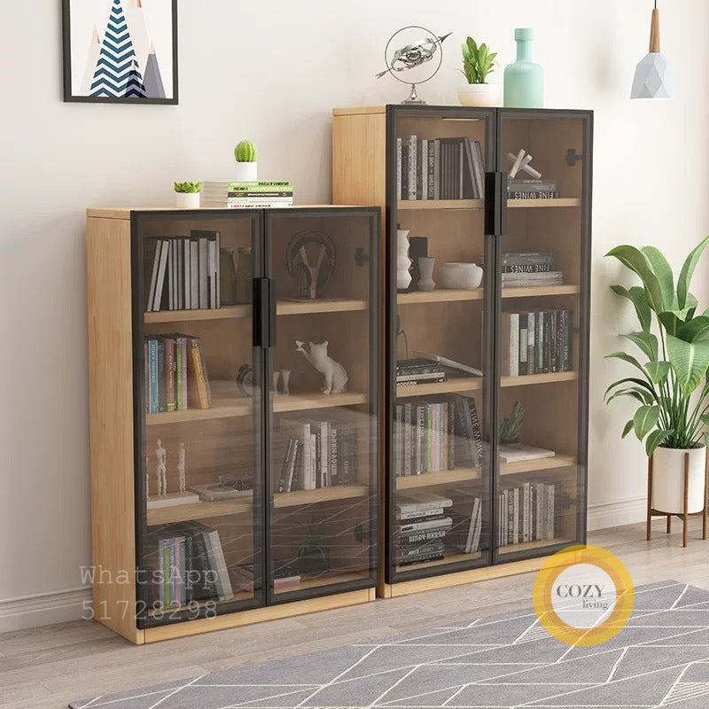 Double door glass solid wood bookcase