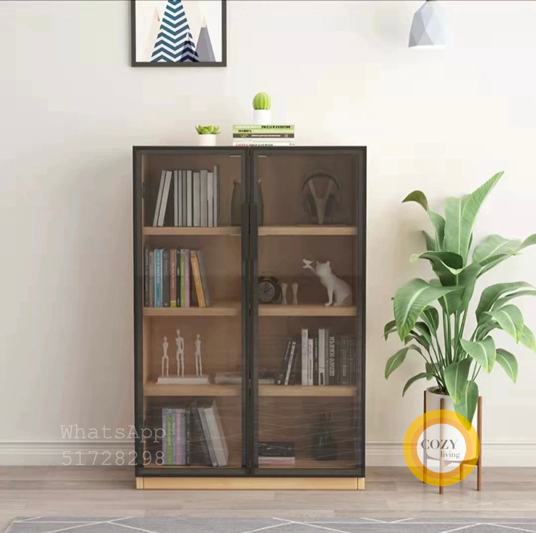 Double door glass solid wood bookcase