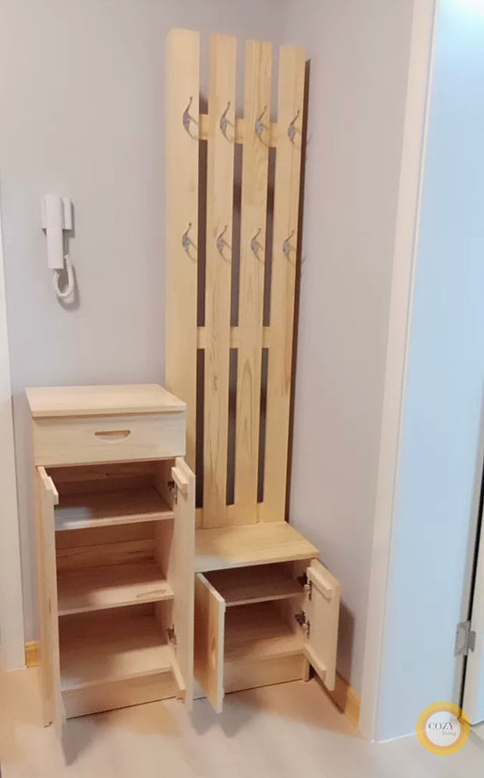 Pine wood shoe cabinet with shoe bench