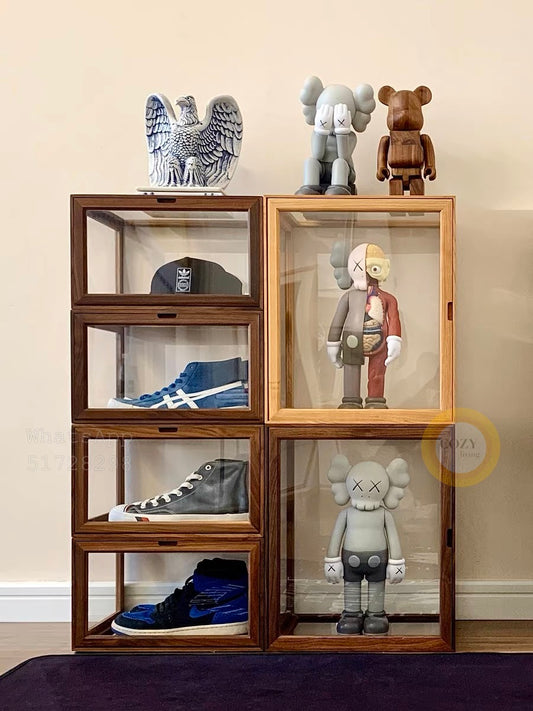 Solid wood transparent shoe box display box/free installation/magnetic door opening