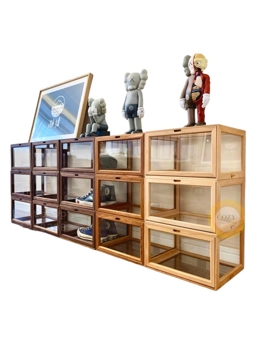 Solid wood transparent shoe box display box/free installation/magnetic door opening