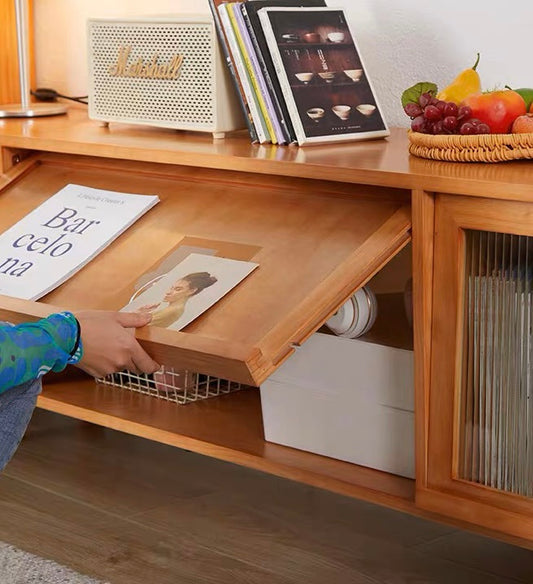 静かな角-日式藤編/長虹玻璃電視櫃【實木】