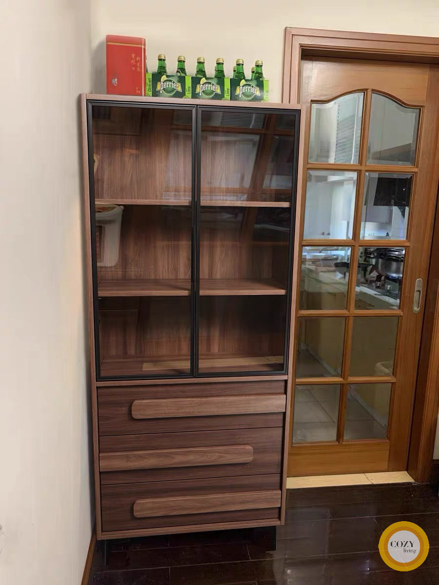 胡桃木色實木餐邊櫃 玻璃展示櫃