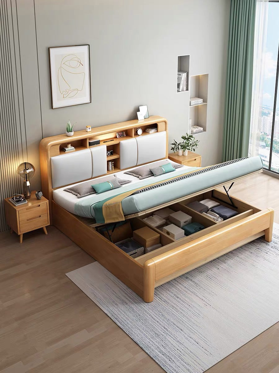 YF-A002 solid wood bed with USB socket/bedside lamp 