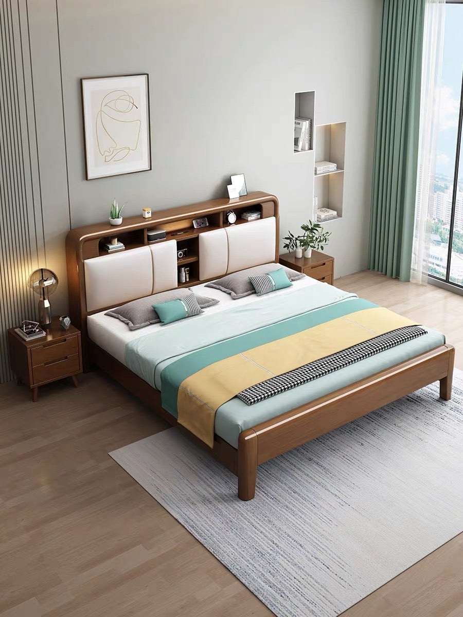 YF-A002 solid wood bed with USB socket/bedside lamp 