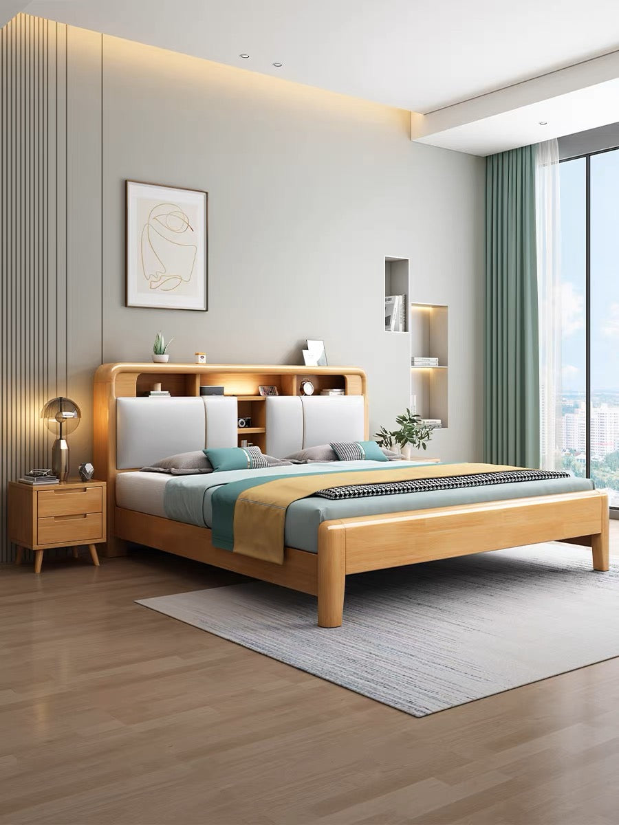 YF-A002 solid wood bed with USB socket/bedside lamp 