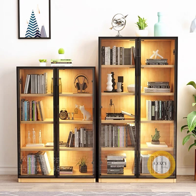 Double door glass solid wood bookcase 