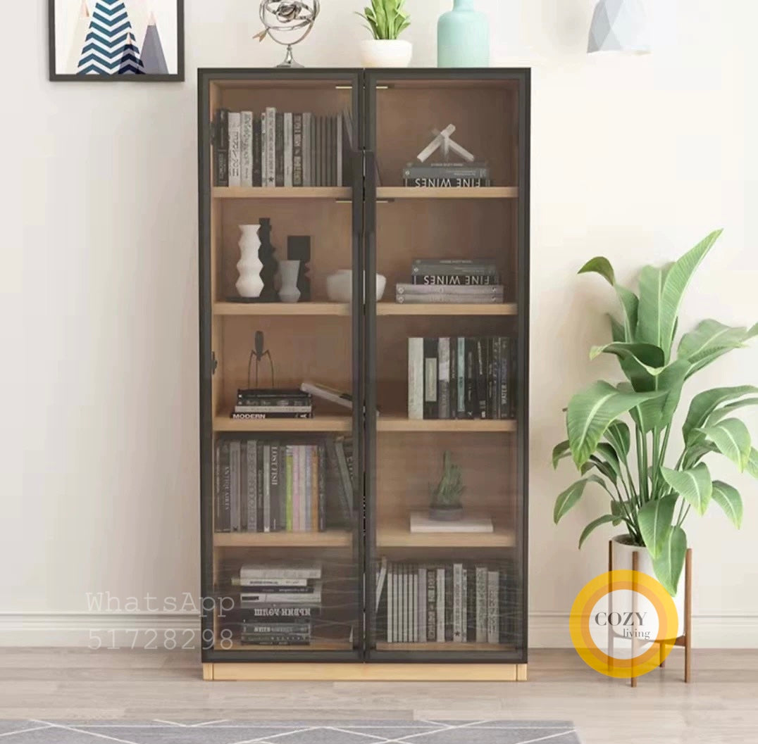 Double door glass solid wood bookcase 