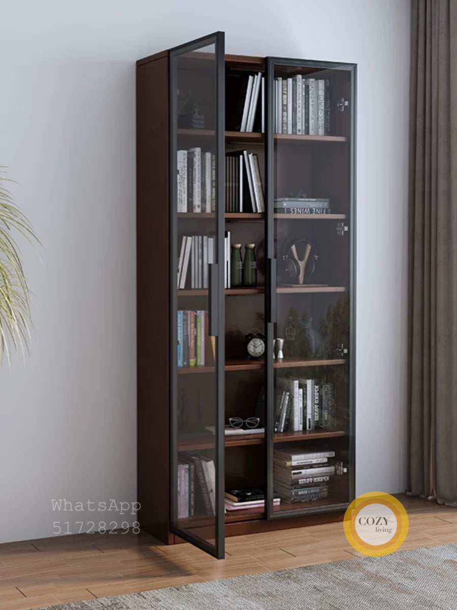 Double door glass solid wood bookcase 