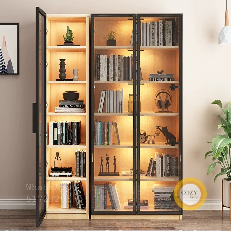 Double door glass solid wood bookcase 