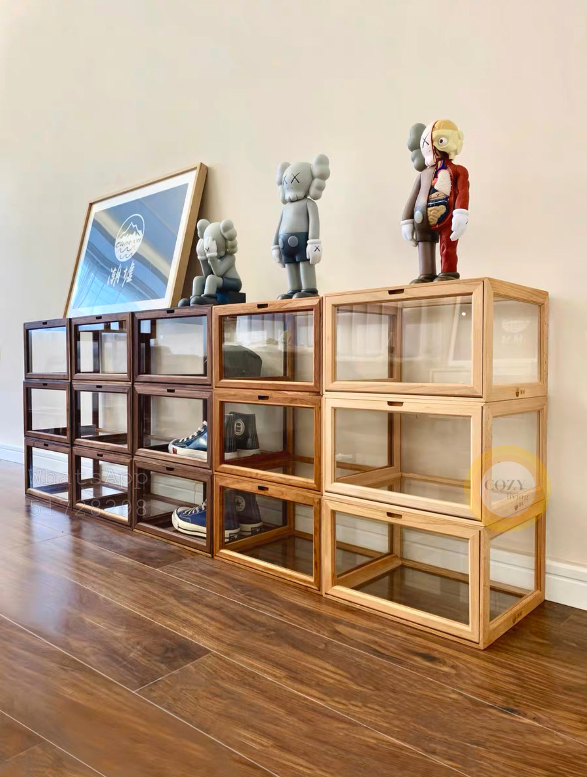 Solid wood transparent shoe box display box/free installation/magnetic door opening 
