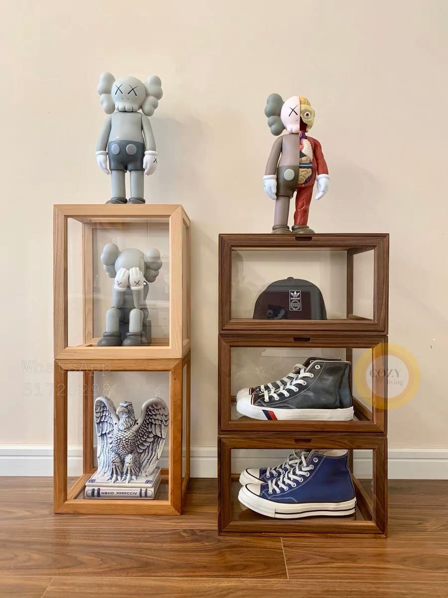 Solid wood transparent shoe box display box/free installation/magnetic door opening 