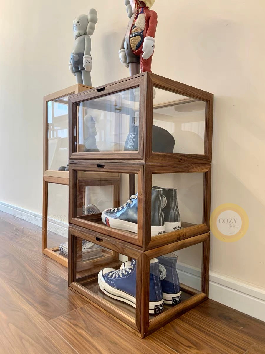 Solid wood transparent shoe box display box/free installation/magnetic door opening 