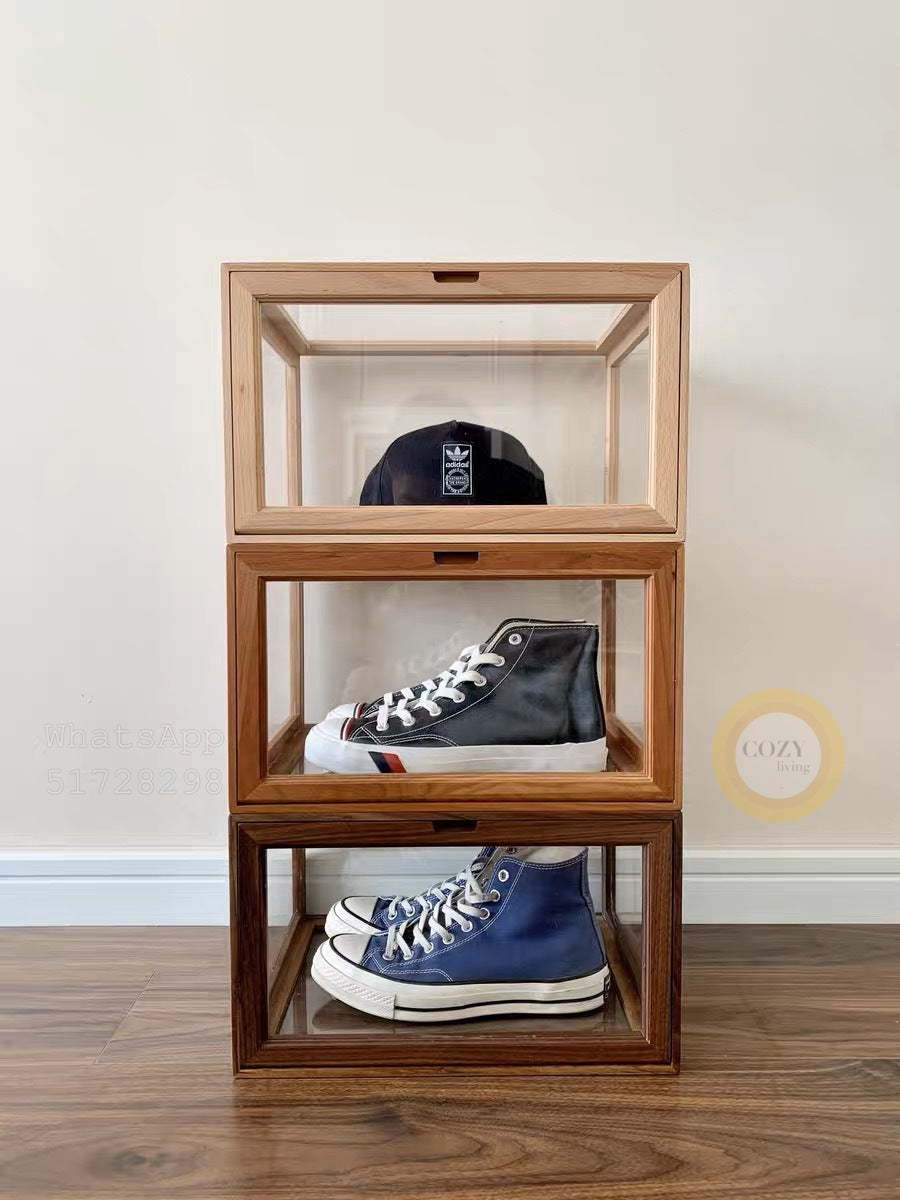 Solid wood transparent shoe box display box/free installation/magnetic door opening 