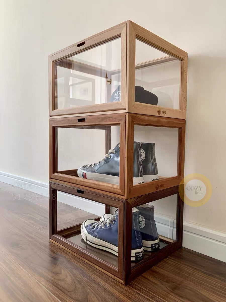 Solid wood transparent shoe box display box/free installation/magnetic door opening 